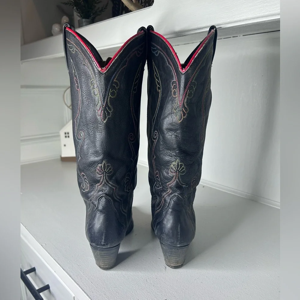 Vintage Acme Black Leather Cowboy Boots Women’s 7 Colorful Stitching, Metal Toe - Picture 5 of 9